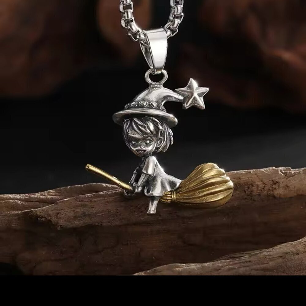 Witch Flying on Broom Tone Heavy Pendant and Necklace #1432